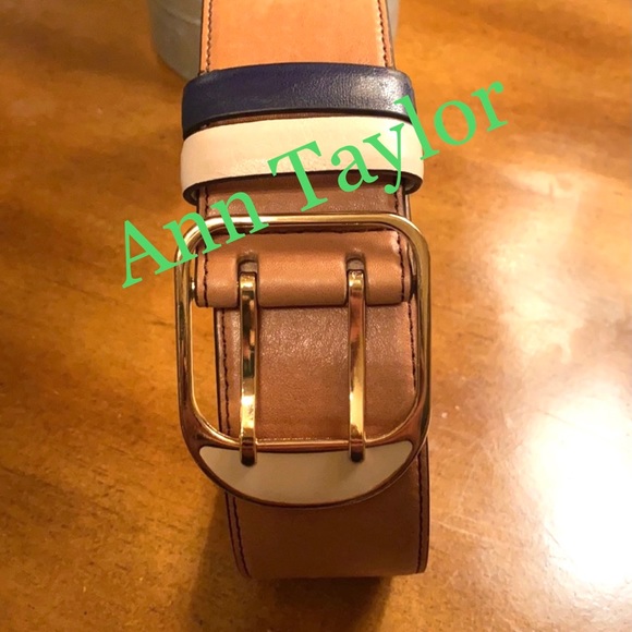 Ann Taylor Wide Leather Trouser Belt. Medium,Tan, Navy, Gold Excellent Condition - Picture 2 of 12